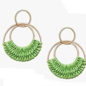 Green Raffia Wrapped Circle Drop Earrings